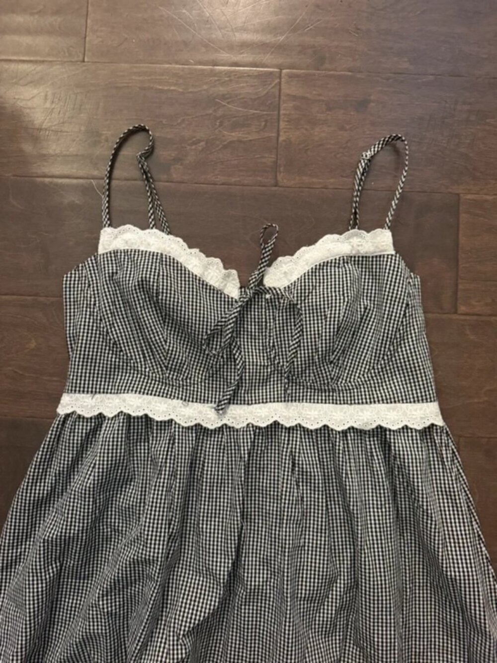Gingham babydoll dress with lace trim